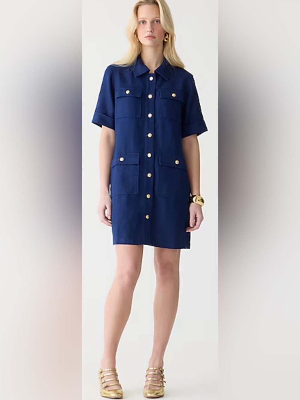 J.Crew Navy Gamine Linen Utility Shirtdress Gold Button Front 2024 Coastal Sz 12 - Picture 5 of 12